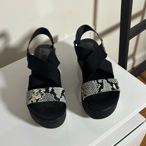 Sorel Black with Snake-Print Strap Wedge Sandals